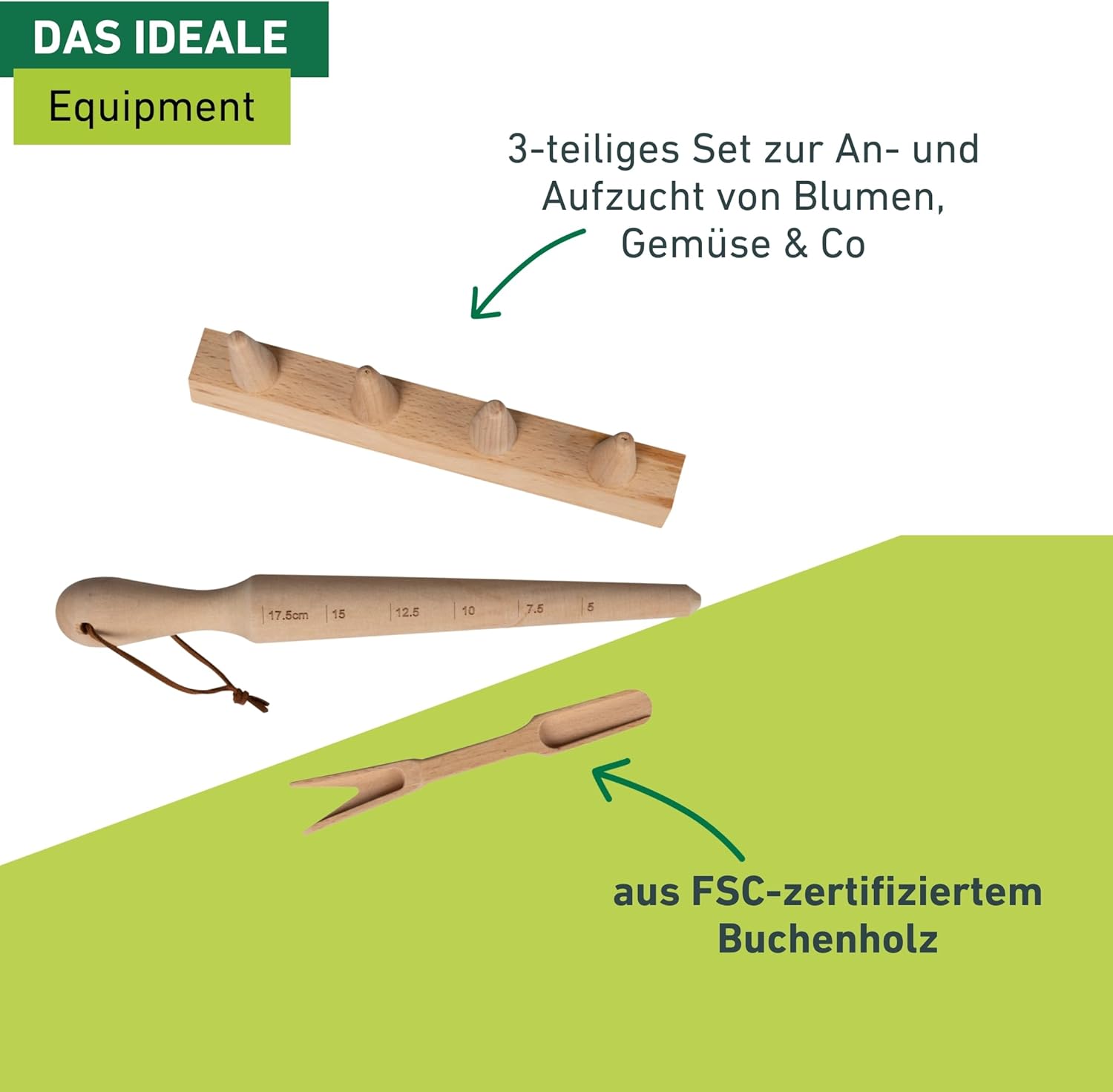 Anzuchtset 3-tlg Buchenholz Pikierstab Pflanzholz Gartenwerkzeug