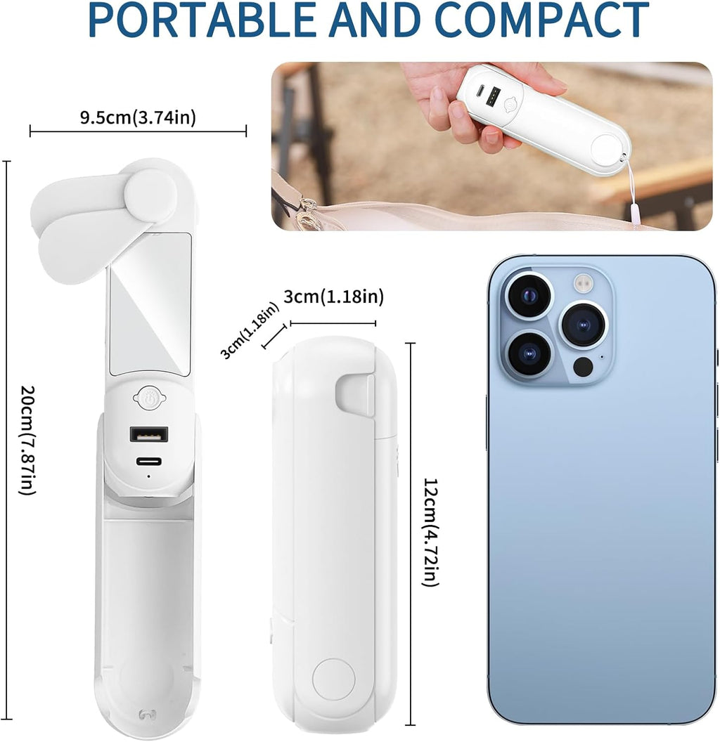 CNMTCCO Handventilator 5-in-1 Akku USB mit Powerbank Taschenlampe Spiegel Rosa