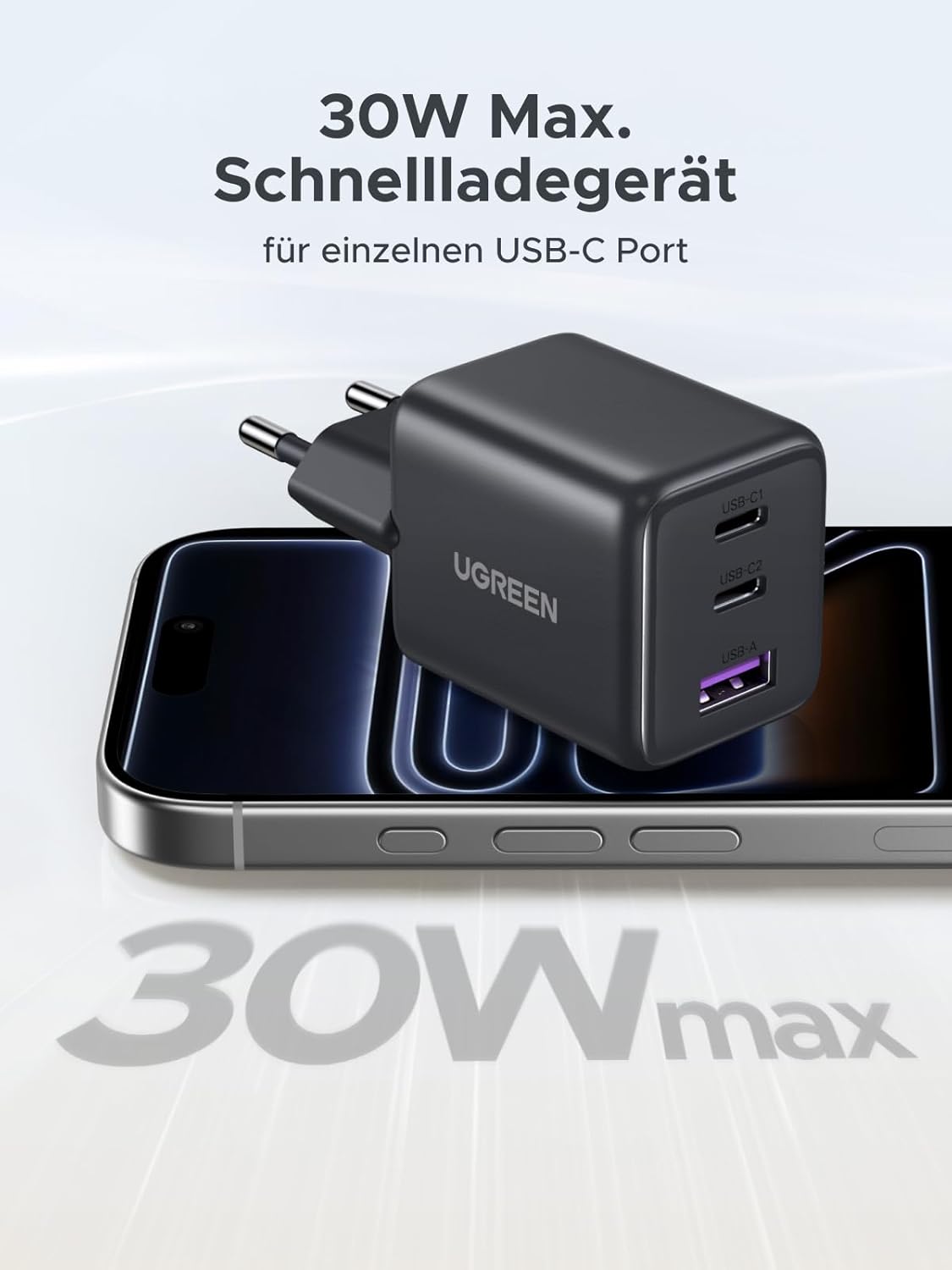 UGREEN 30W USB C Ladegeraet GaN II 3‑Port PD Schnellladegeraet schwarz