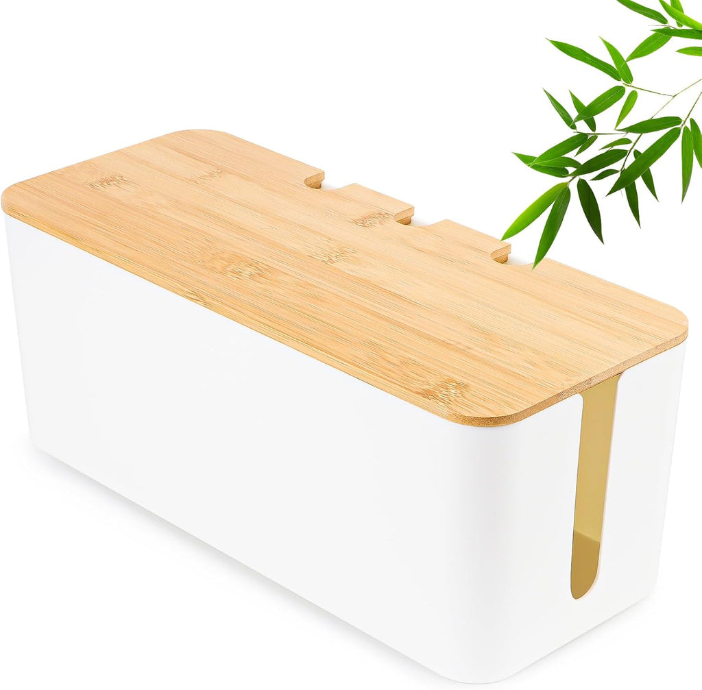 Kabelmanagement Box Weiss mit Holzdeckel M 32cm - Groesse 12cm-13,4cm