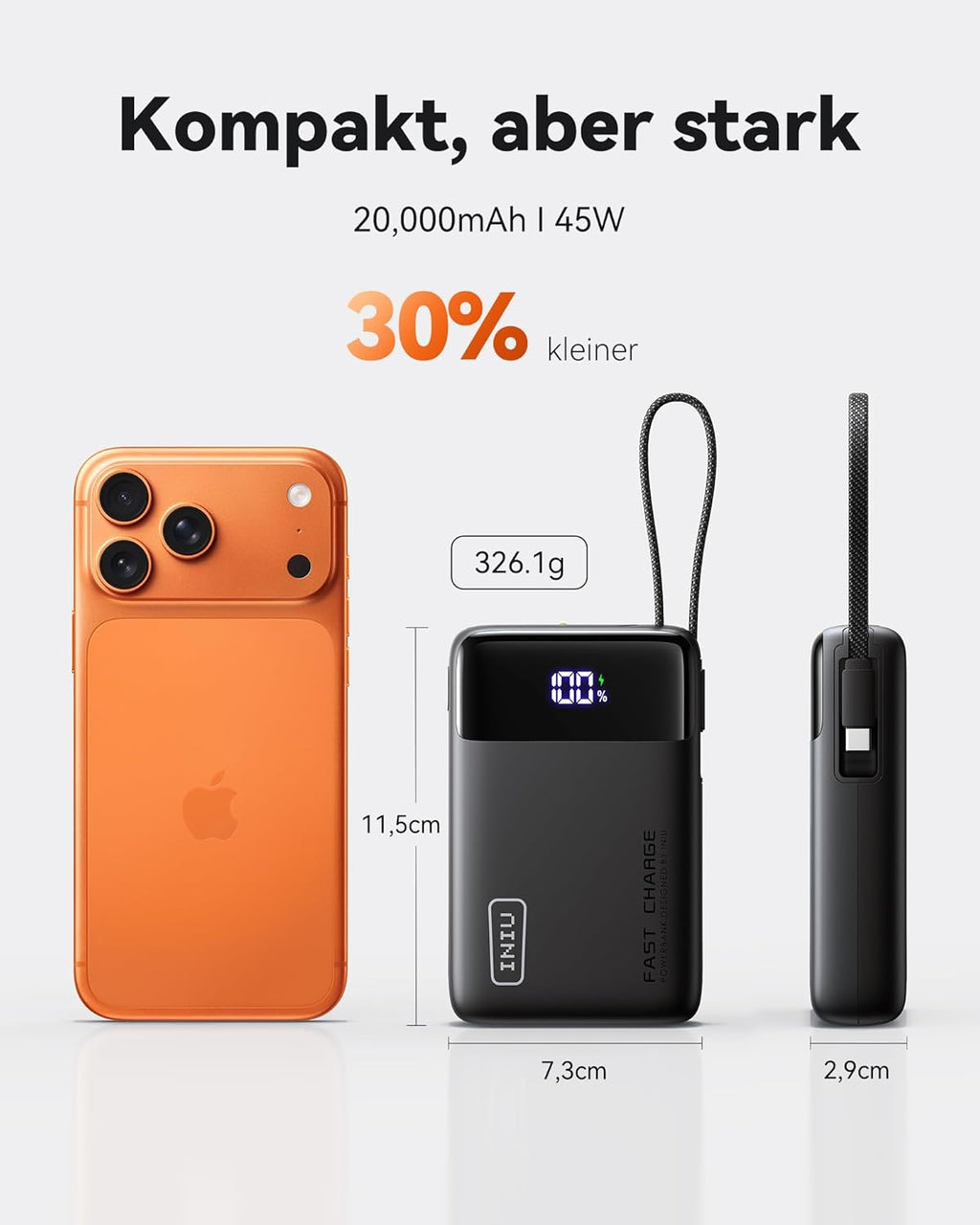 INIU 45W Power Bank 20000 mAh mit integriertem USB‑C Kabel Schnellladen