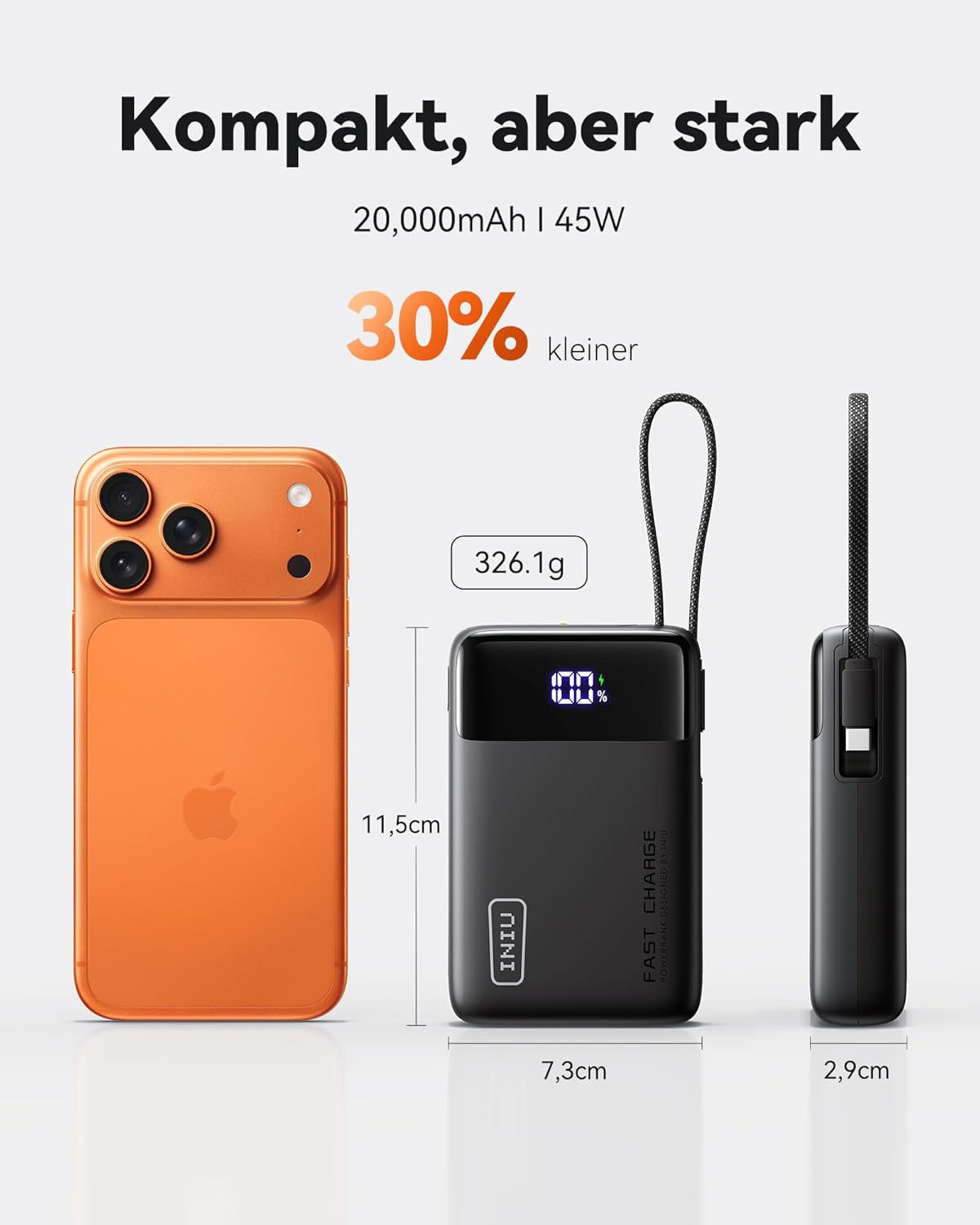 INIU 45W Power Bank 20000 mAh mit integriertem USB‑C Kabel Schnellladen