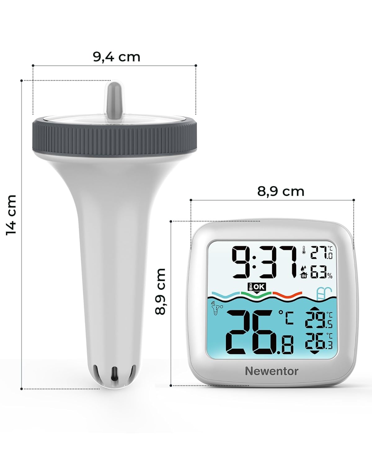 Newentor Funk-Poolthermometer schwimmend mit Basisstation, 100 m Reichweite, 6 M