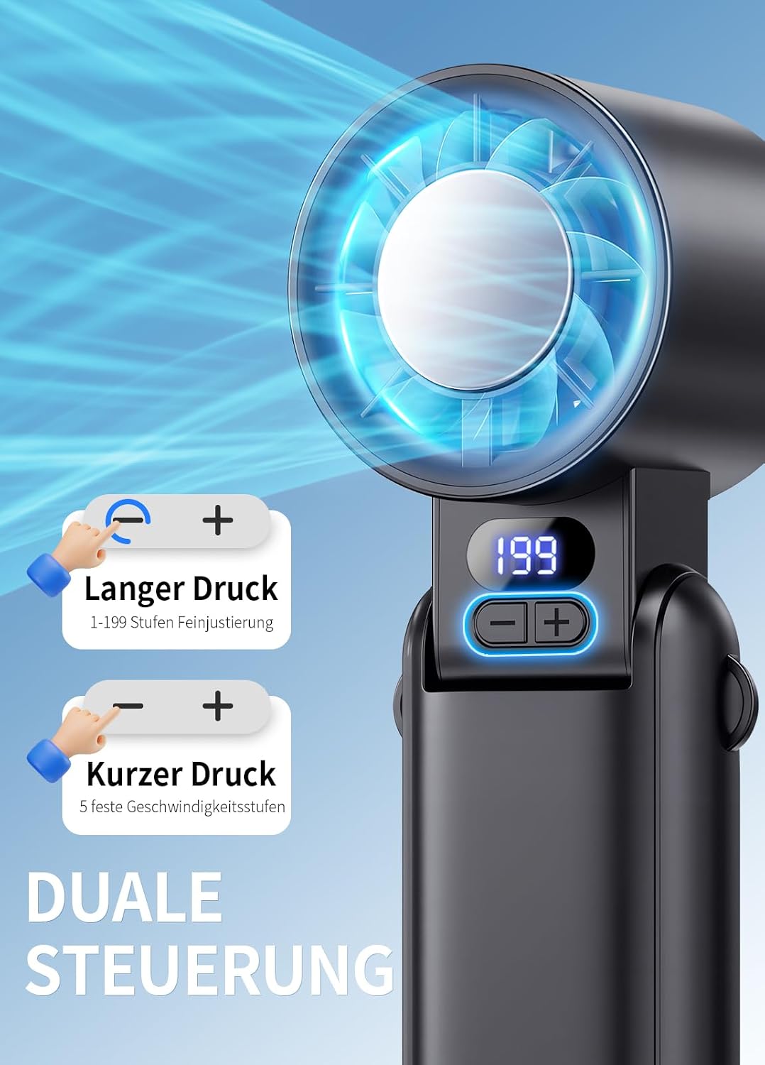 Akku Handventilator 3-in-1 mit Clip LED-Display 1-199 Stufen Tisch Nacken