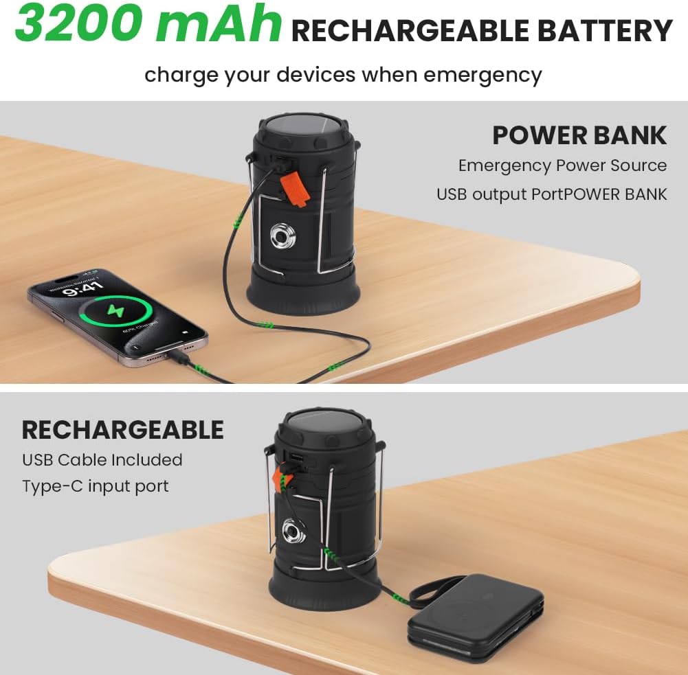 HOTUT Solar Campinglampe 3200 mAh faltbar LED mit Handkurbel USB Wasserdicht