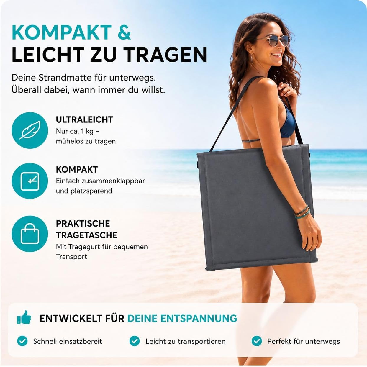 Intimo Living Strandliege klappbar verstellbar 152x51 cm Grau mit Tasche