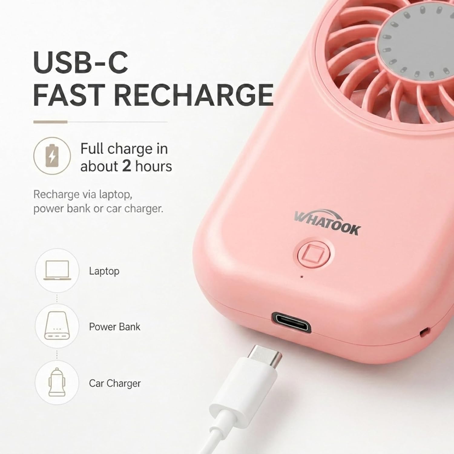 WHATOOK Mini Handventilator USB-C, 5 Geschwindigkeiten, 11000 U/min, Pink