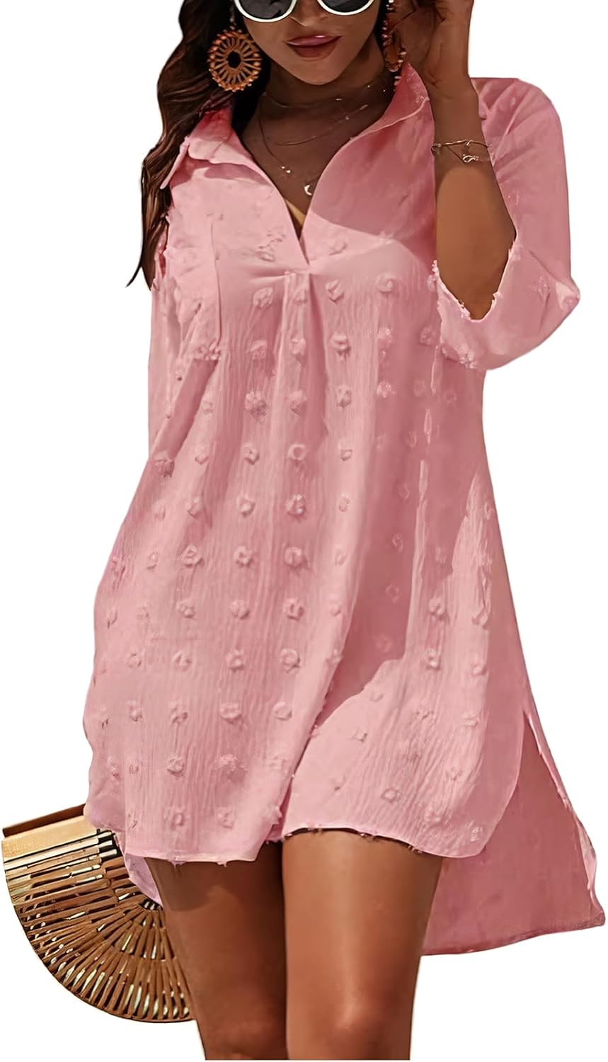 Strandkleid Damen V-Ausschnitt Baumwolle Cover-Up Strandtunika M-XL