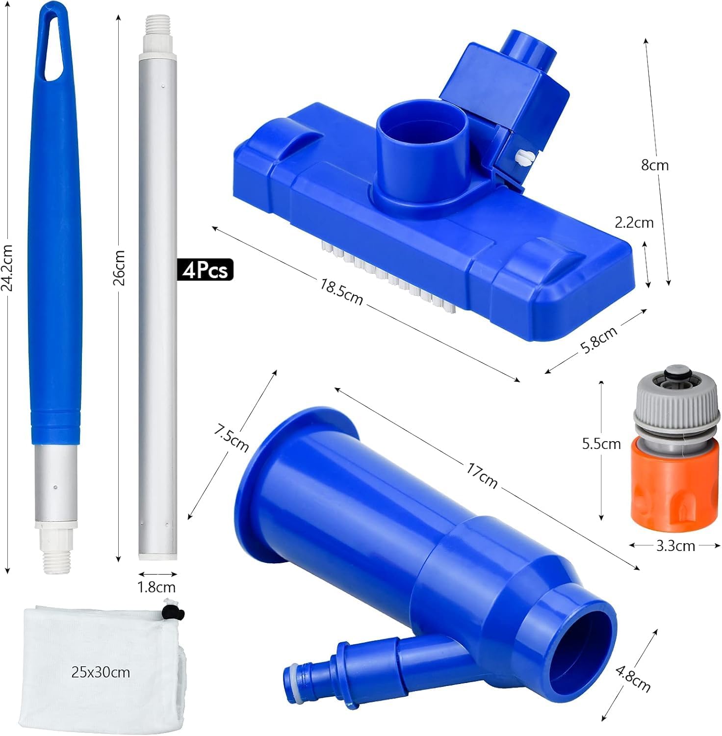Bapao Pool-Bodensauger Set mit Teleskop-Aluminiumstange, Saugbuerste, Netzbeutel