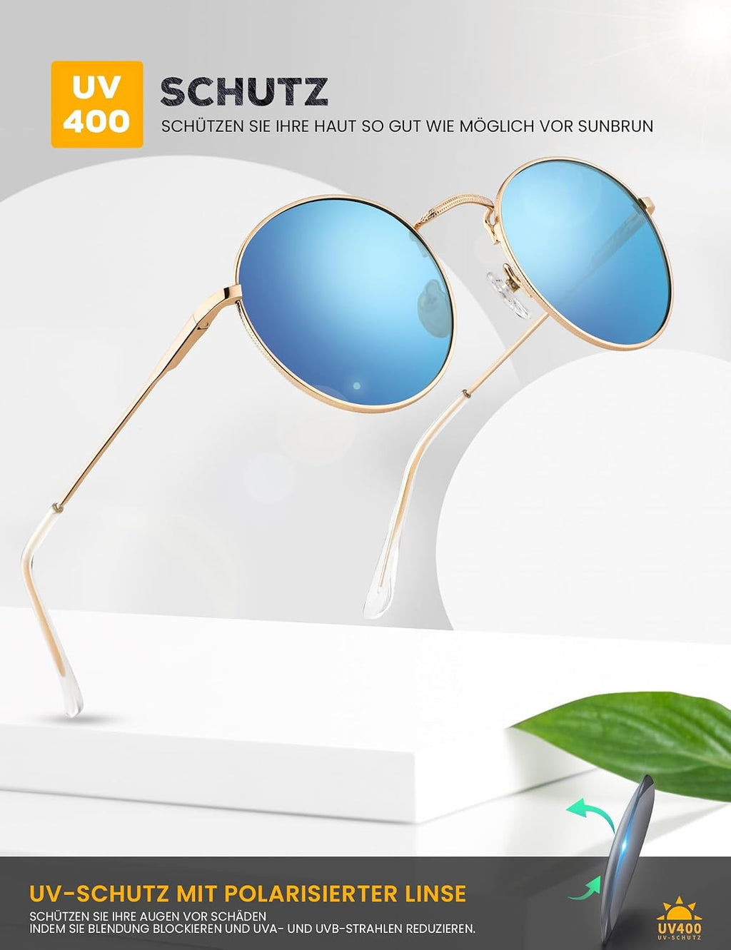 HENGOSEN Herren Sonnenbrille rund polarisiert Metallrahmen Retro Unisex