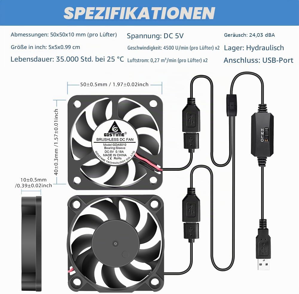 GDSTIME 40 mm USB Luefter 40x40x10 mm 4010 mit 3 Geschwindigkeiten 40mm-140mm