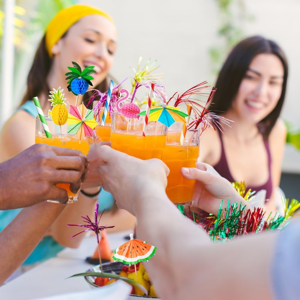 80-teiliges Cocktail Deko-Set Schirmchen Strohhalme Wunderkerzen