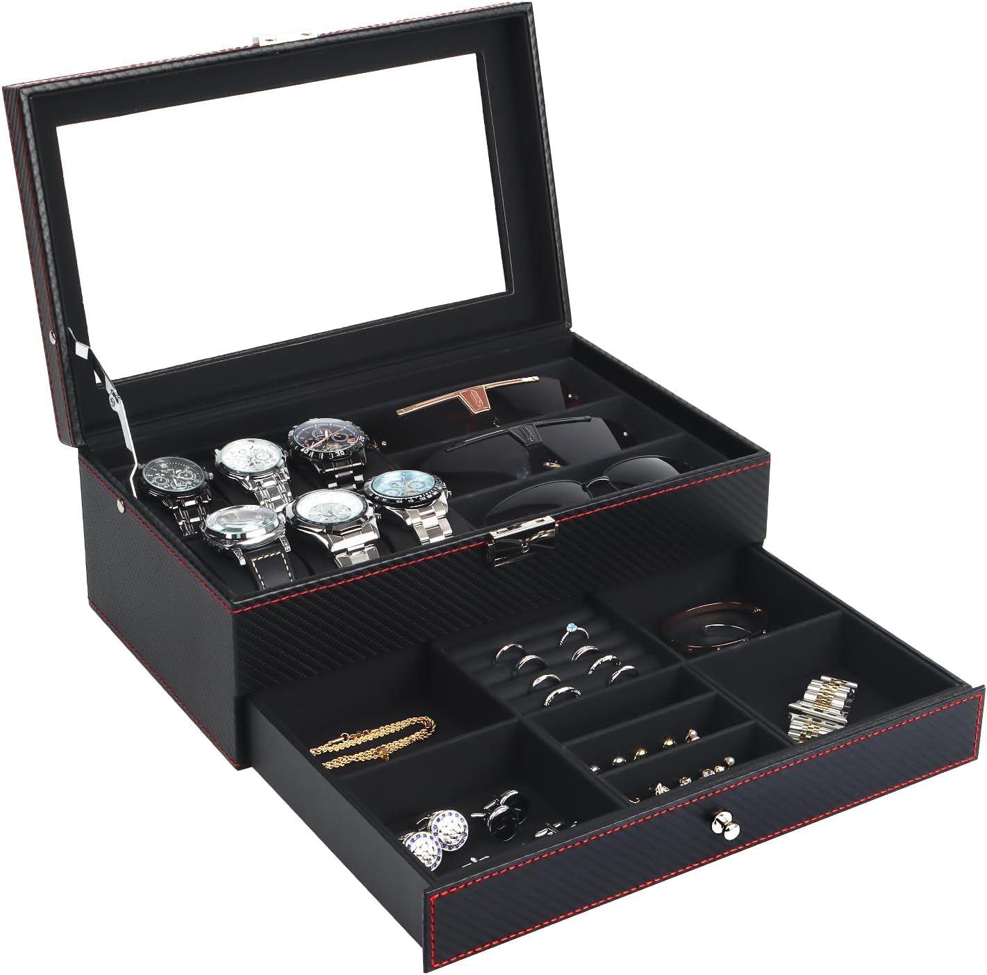 Uhren- und Sonnenbrillenbox mit Glasdeckel 6 Faecher Schmuckkasten Herren