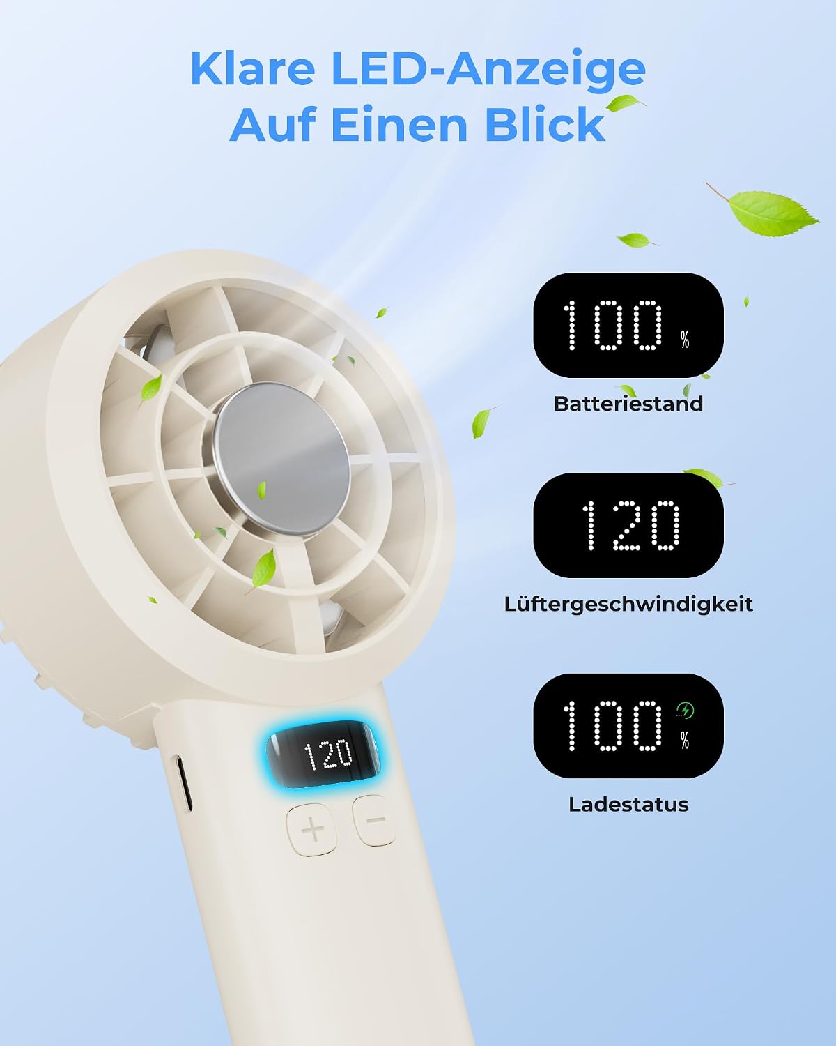 Handventilator 3000 mAh USB Tragbar 120 Stufen LED-Display Sicherheitsverriegelu