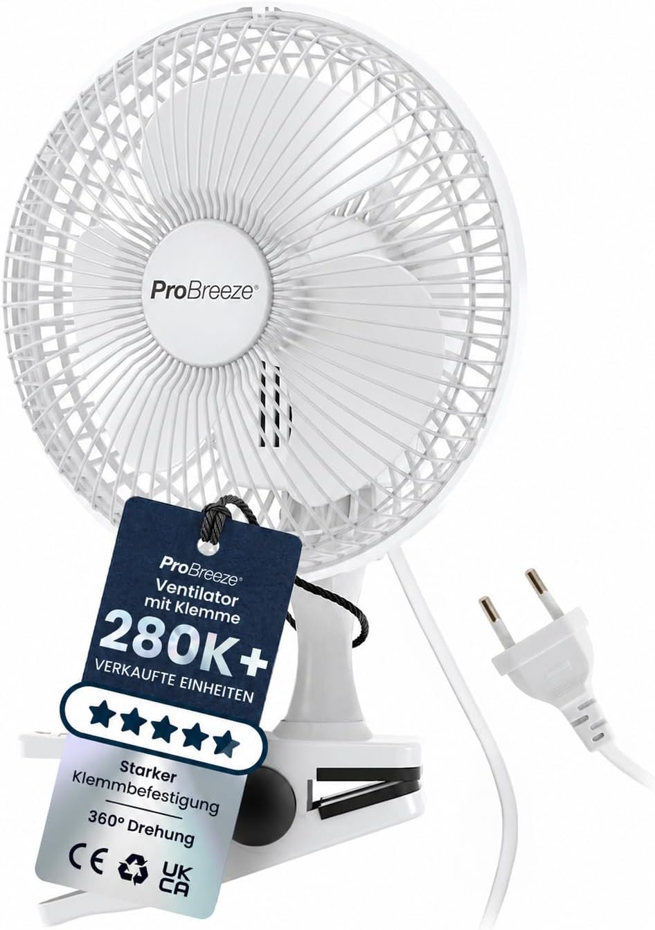 Pro Breeze Mini Clipventilator 20 cm, 2 Stufen, leise Tischventilator fuer Schrei