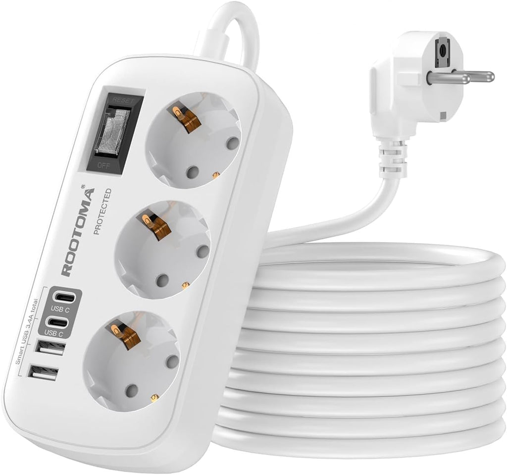 Steckdosenleiste 3-fach mit Ueberspannungsschutz und 4 USB 2x USB-C 1,5m-5m Weiss