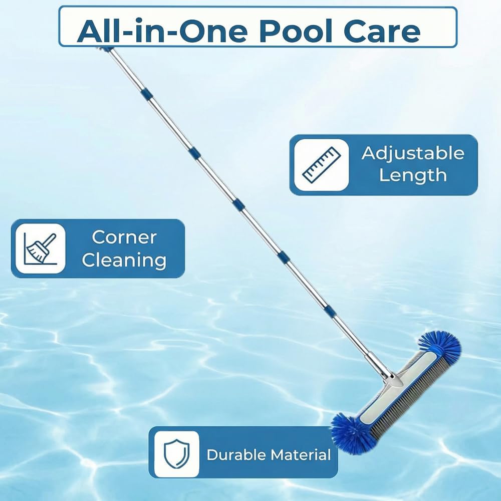 Poolbuersten Set 45 cm mit Teleskopstange 230 cm, Reinigungstuch & Waschhandschuh