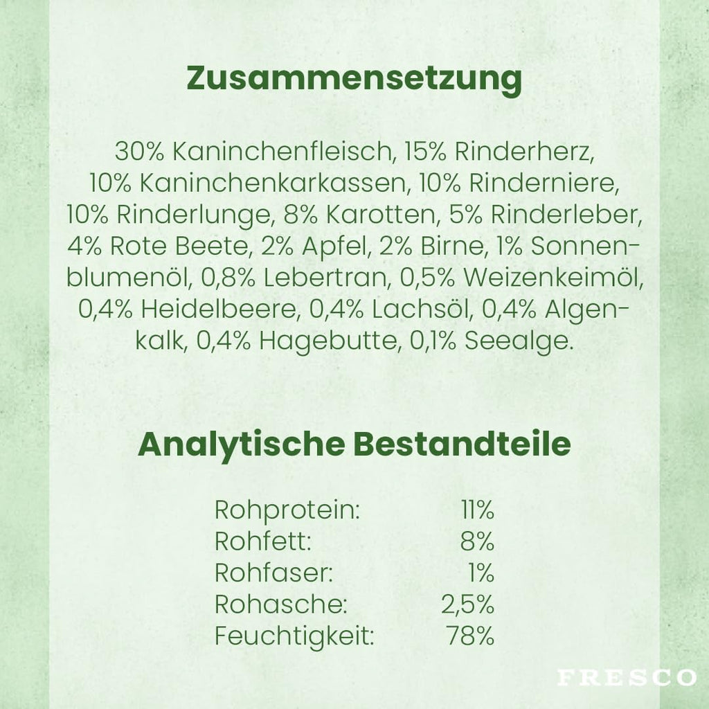 FRESCO Dog NassBARF Kaninchen mit Rind 12x400g, getreidefrei, verschiedene Sorte
