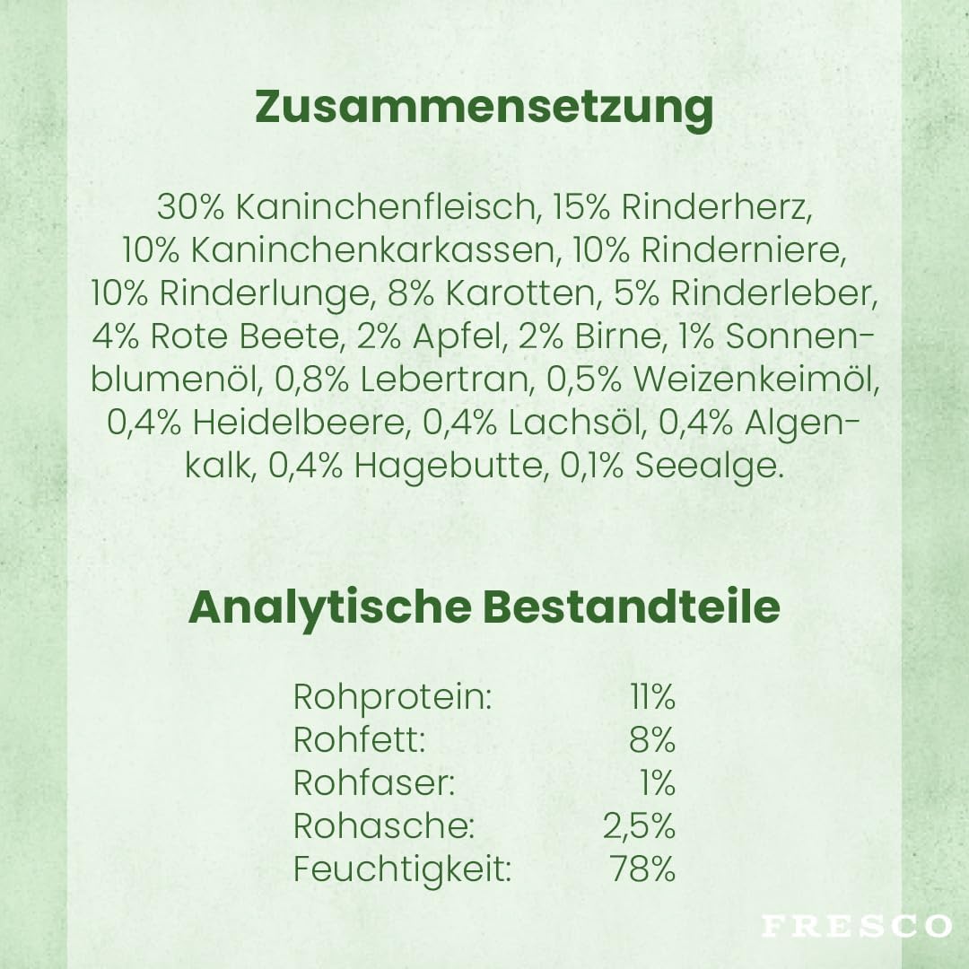 FRESCO Dog NassBARF Kaninchen mit Rind 12x400g, getreidefrei, verschiedene Sorte