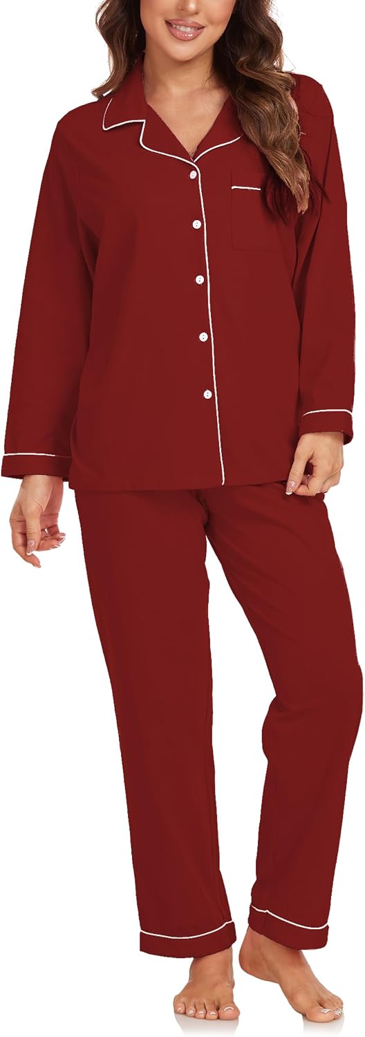 Colorfulleaf Damen Schlafanzug Lang Zweiteiler 100% Baumwolle Knopfleiste S-XXL