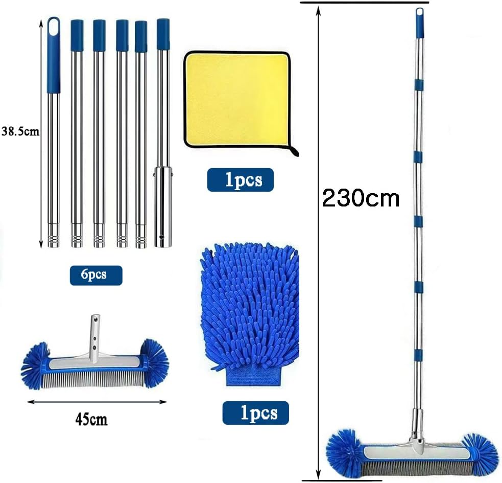 Poolbuersten Set 45 cm mit 180 cm Teleskop-Aluminiumstange und Edelstahlrueckseite