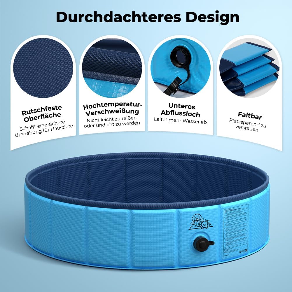 KYG Hunde Pool faltbar 80x20cm rutschfest niedriger Einstieg Ablassventil 20cm-3