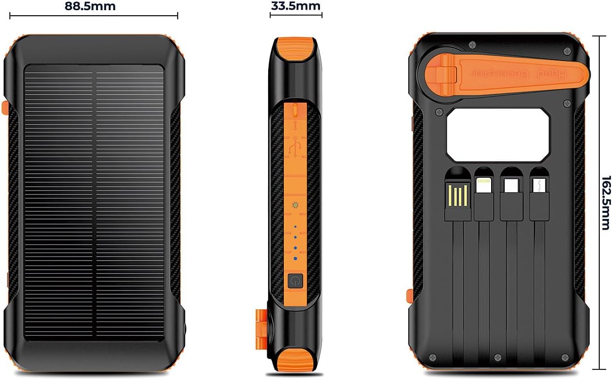 revolt Powerbank 10000 mAh USB‑C PD 20W mit Solarpanel, Kurbel & LED
