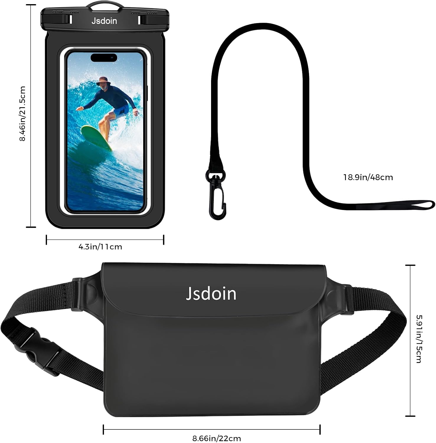 Jsdoin wasserdichte Bauchtasche mit verstellbarem Band + Handyhuelle, Schwarz