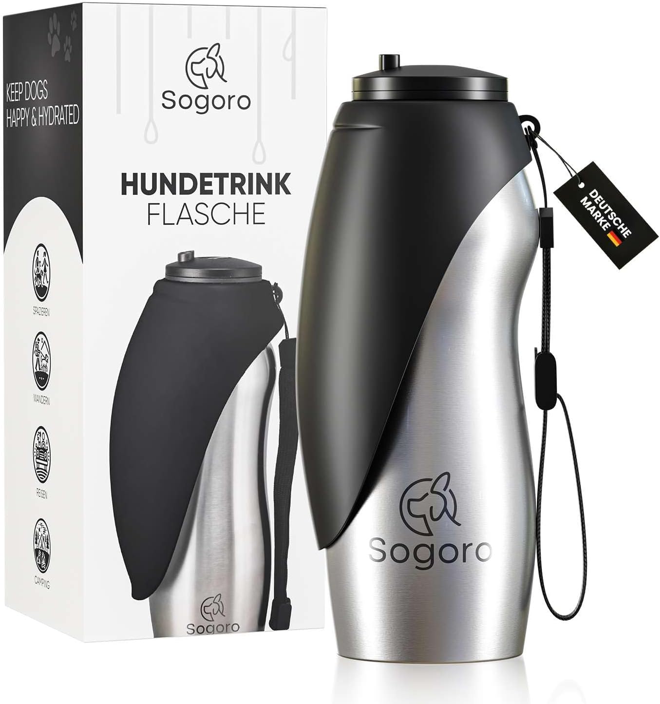 Hundetrinkflasche 700 ml Edelstahl auslaufsicher tragbar fuer unterwegs