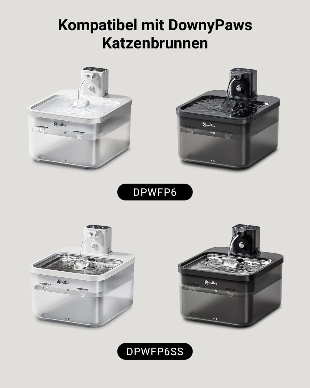 DownyPaws Katzen Trinkbrunnen kabellos 4000mAh Bewegungsmelder Edelstahl sc