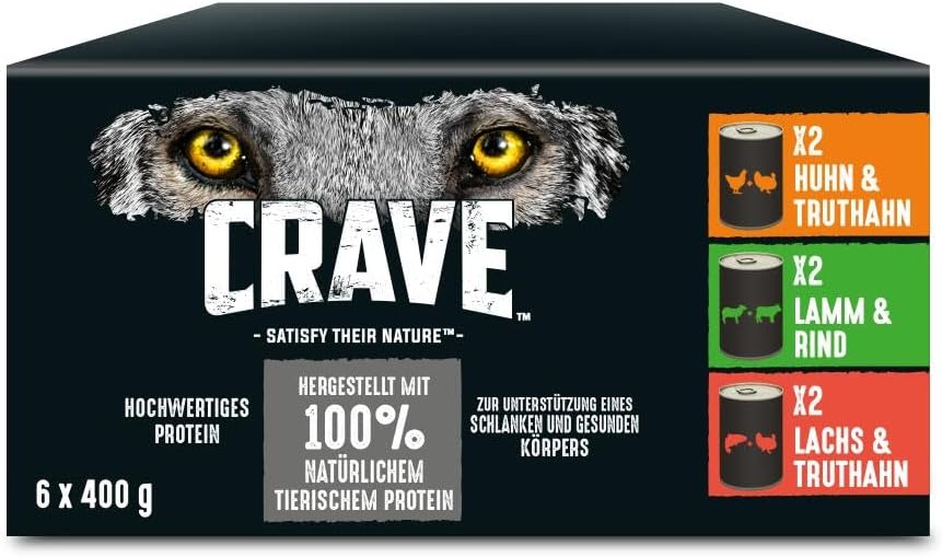 Hundefutter nass CRAVE 6x400g ohne Getreide 3 Sorten 100% natürliches Protein