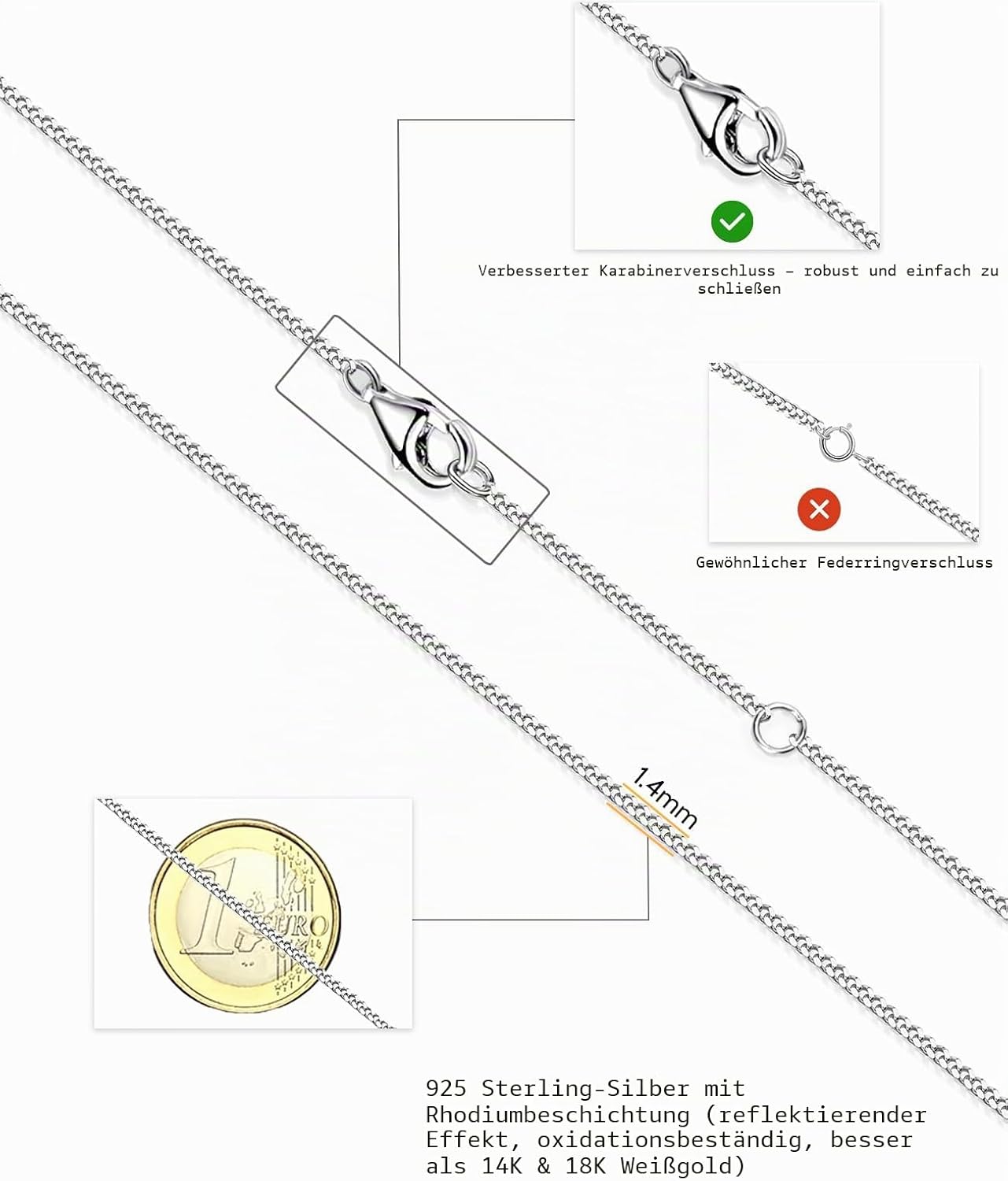 OSTAN Panzerkette Silber 925 Damen 1,4 mm Breite Laenge 40-75 cm