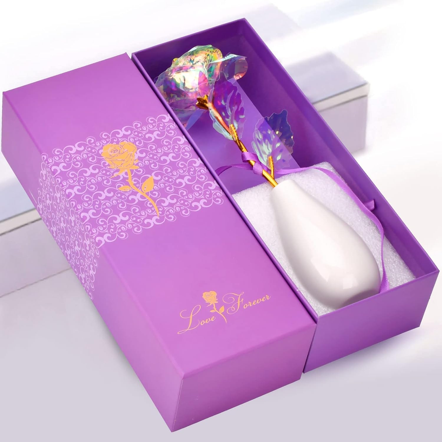 Galaxy Rose mit Vase Geschenk Set Valentinstag Geburtstag Weihnachten