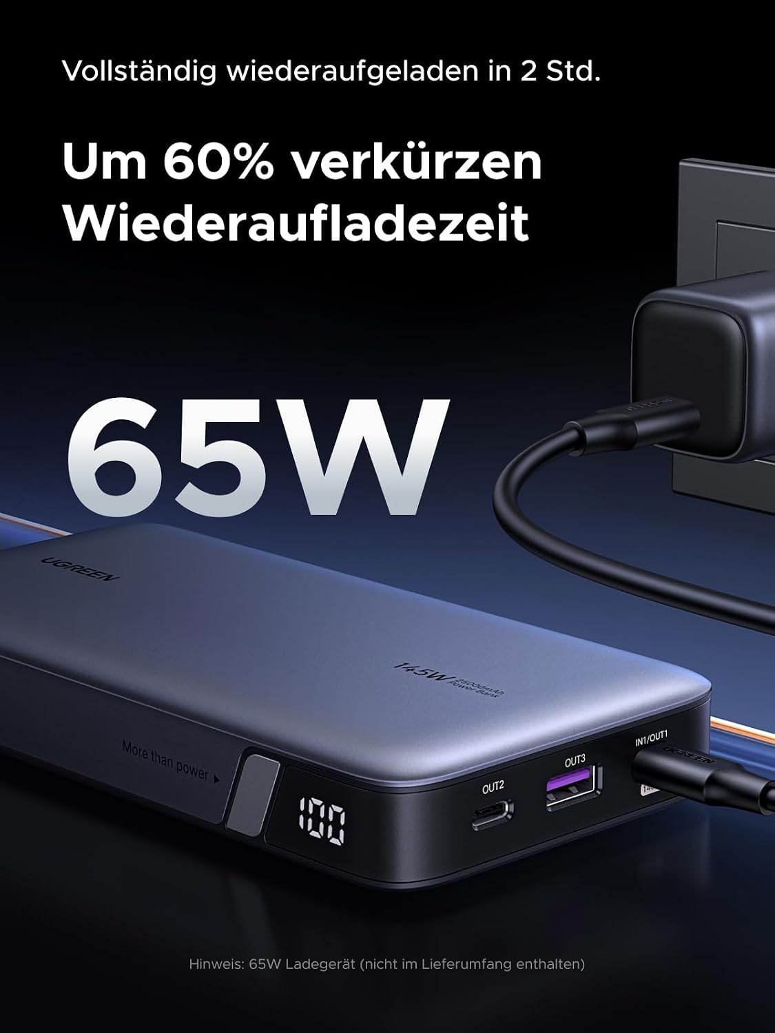UGREEN Nexode Power Bank 25000mAh 145W 3 Anschluesse USB‑C mit Display, kompatibe