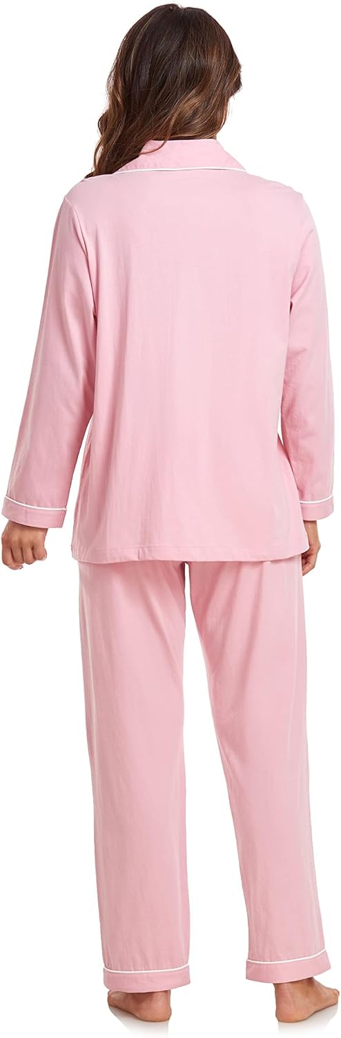 Colorfulleaf Damen Schlafanzug Lang Zweiteiler 100% Baumwolle Knopfleiste S-XXL