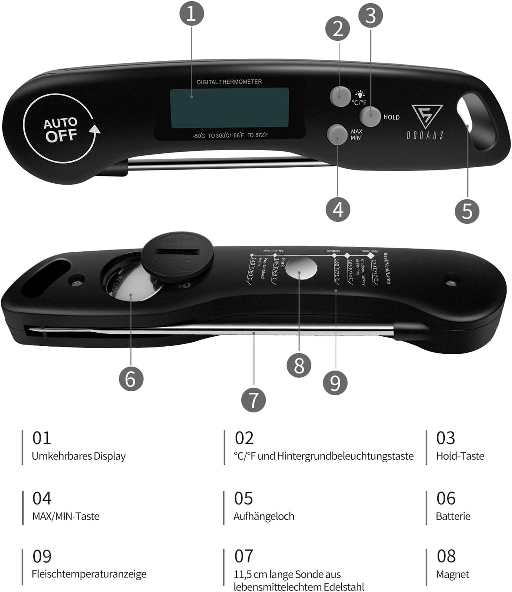 DOQAUS digitales Fleischthermometer mit langer Sonde LCD 3s Messung