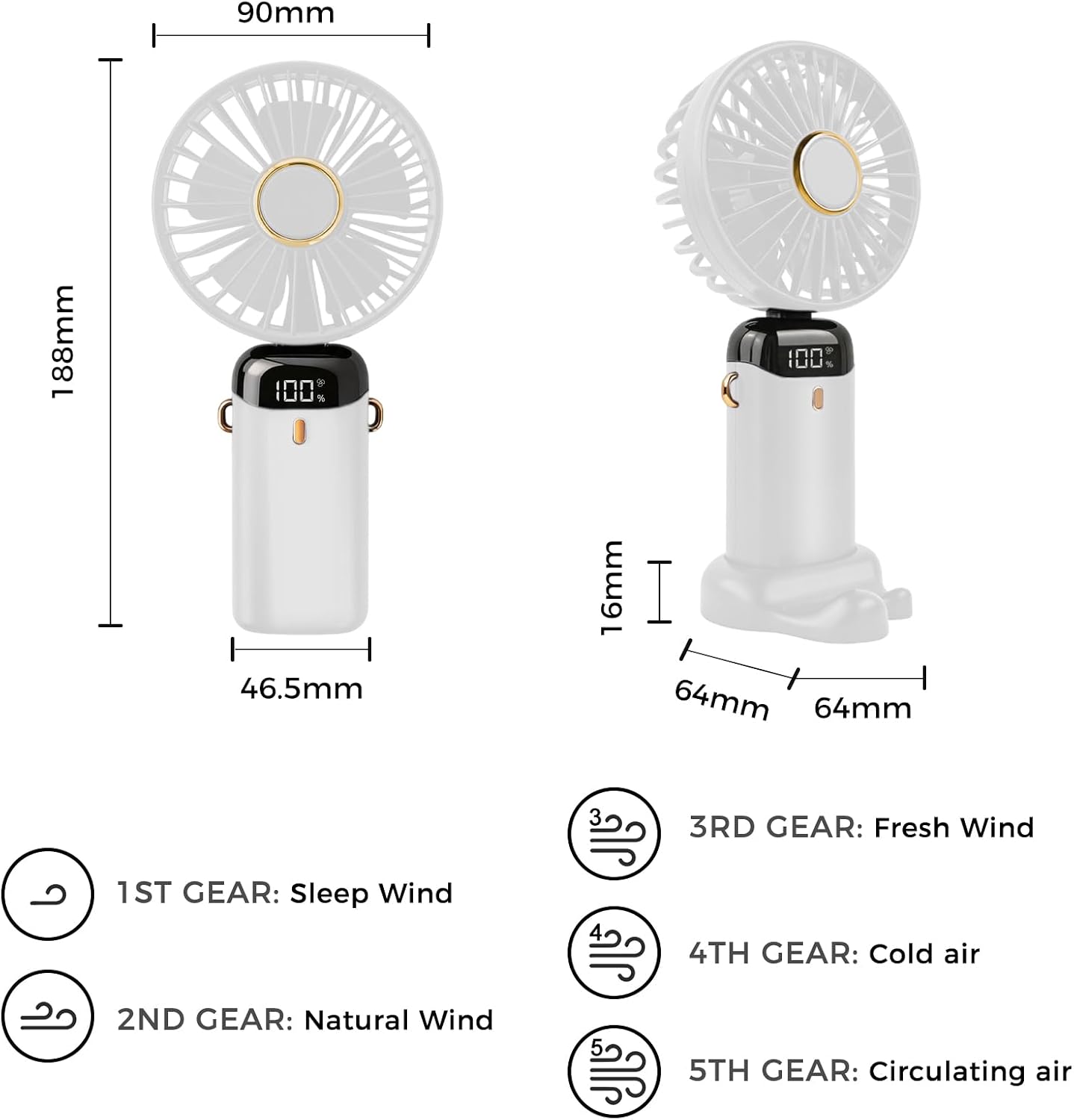Jsdoin Handventilator faltbar wiederaufladbar USB 5 Stufen Mini Ventilator Dunke