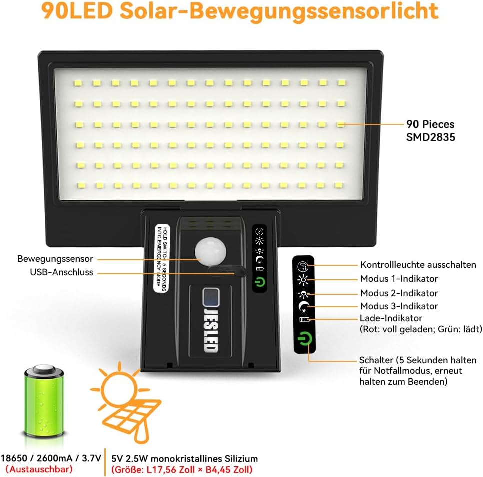 JESLED Solar Wandleuchte Aussen 90 LED mit Bewegungsmelder 4 Modi, 2 Stueck