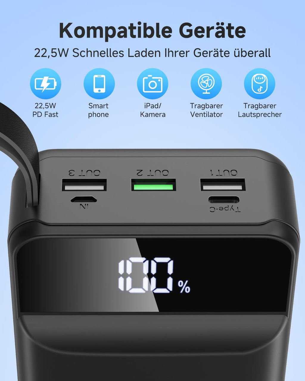 60000 mAh Powerbank 22,5W PD USB-C Externer Akku 4 Ausgaenge 3 Eingaenge Blau