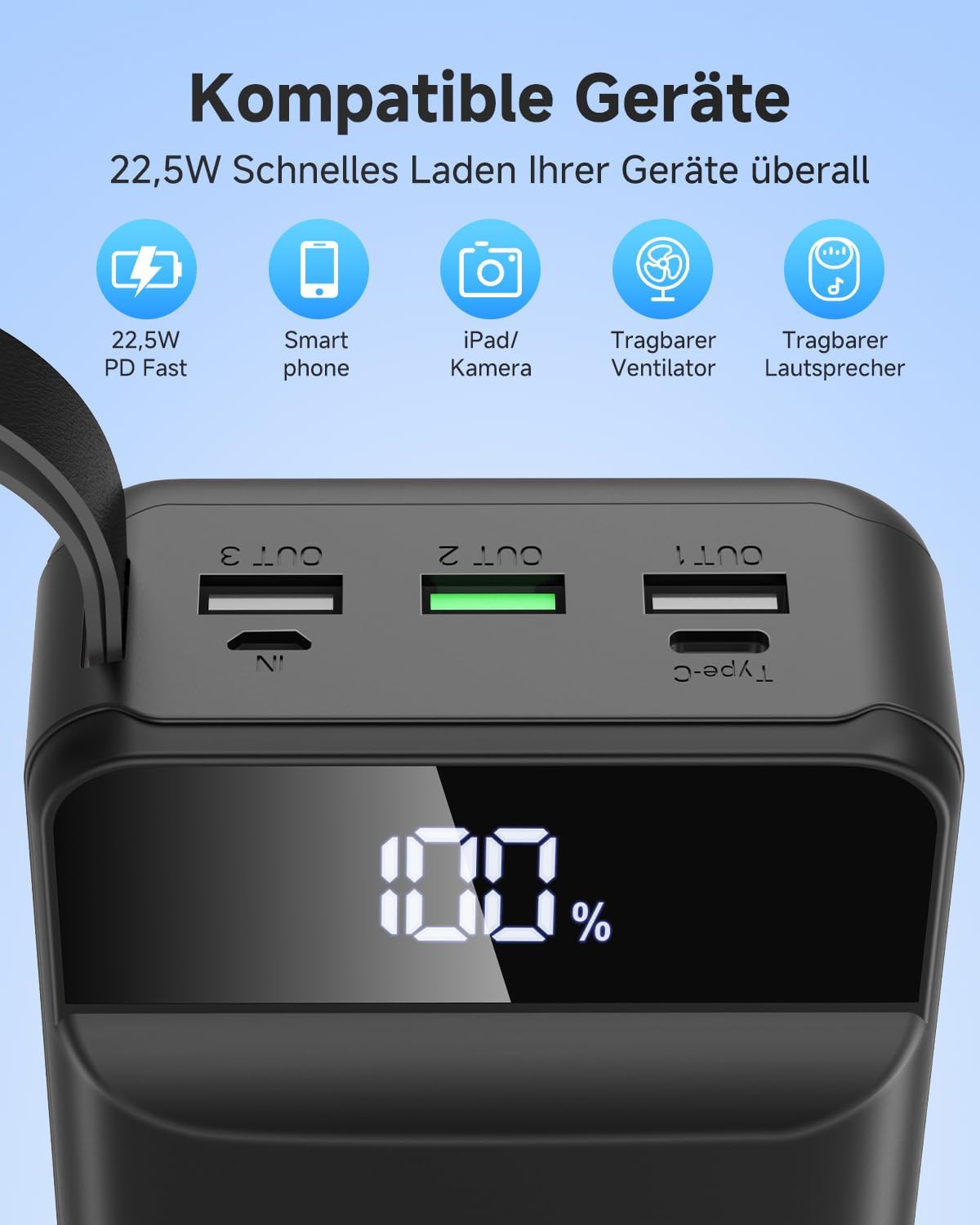 60000 mAh Powerbank 22,5W PD USB-C Externer Akku 4 Ausgaenge 3 Eingaenge Blau