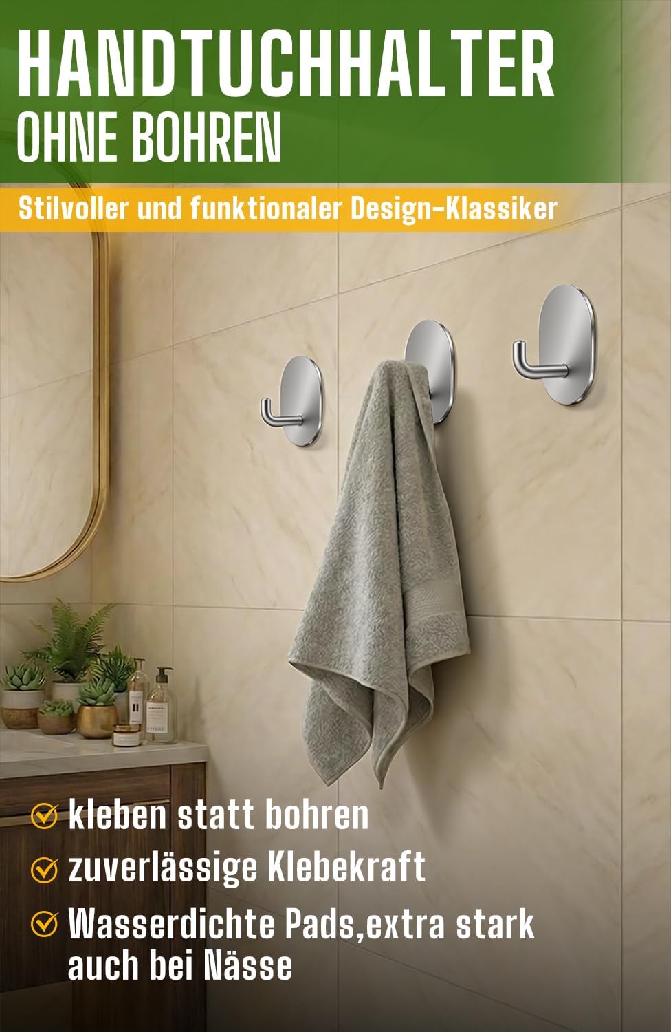Handtuchhaken 6er Set Edelstahl schwarz selbstklebend fuer Bad Kueche
