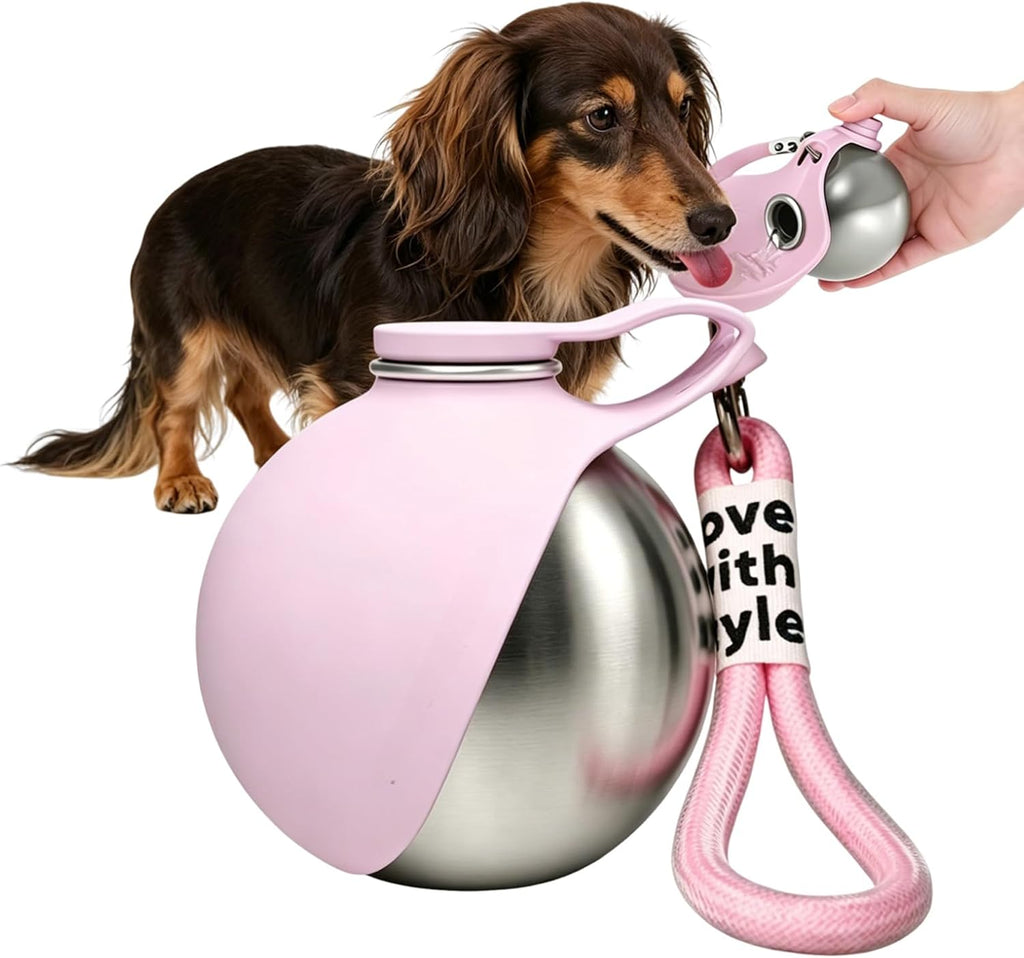Hunde Trinkflasche Edelstahl mit faltbarem Silikonnapf Auslaufsicher Rosa