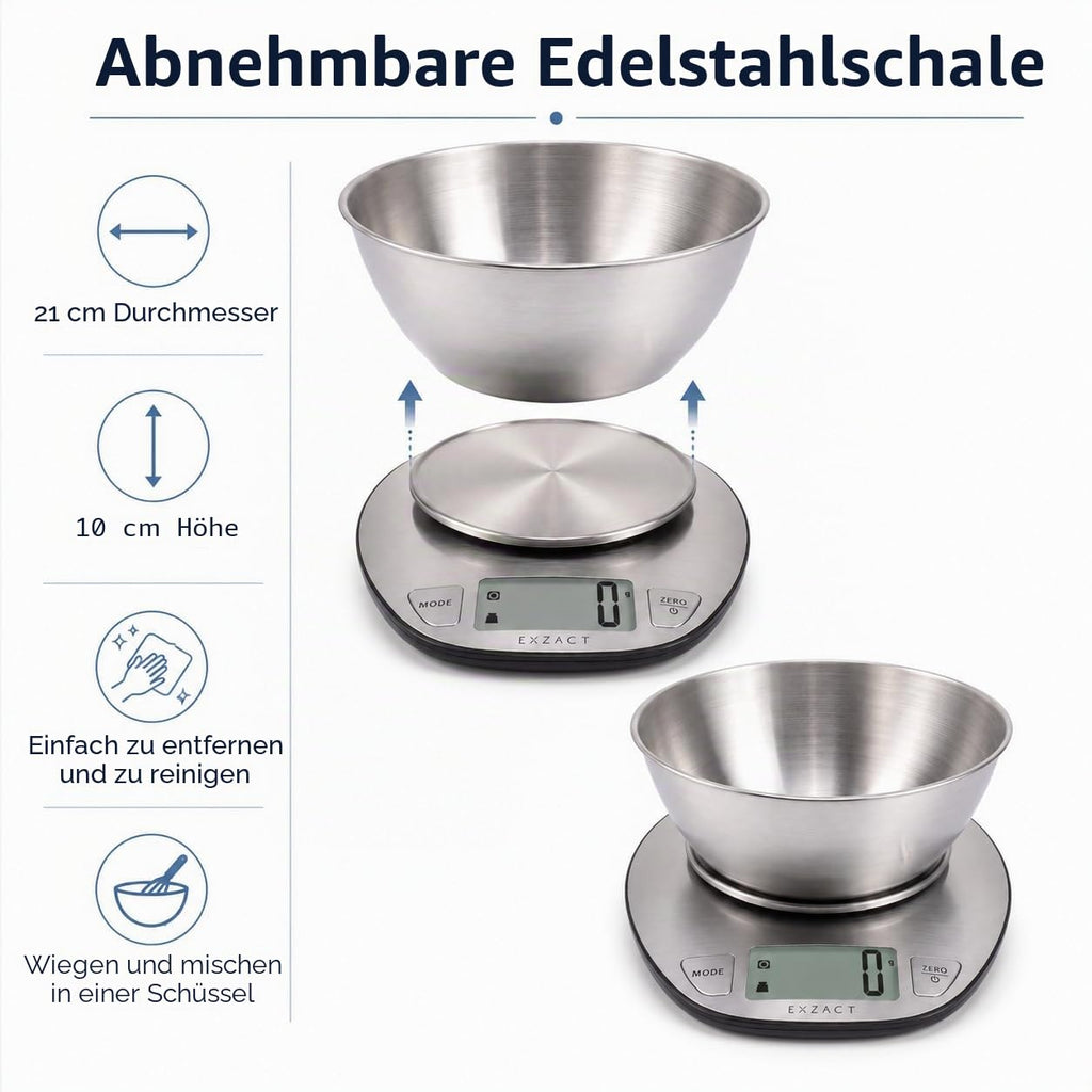 Digitale Kuechenwaage Edelstahl bis mit Schuessel, Tarafunktion, Gramm-Anzeig