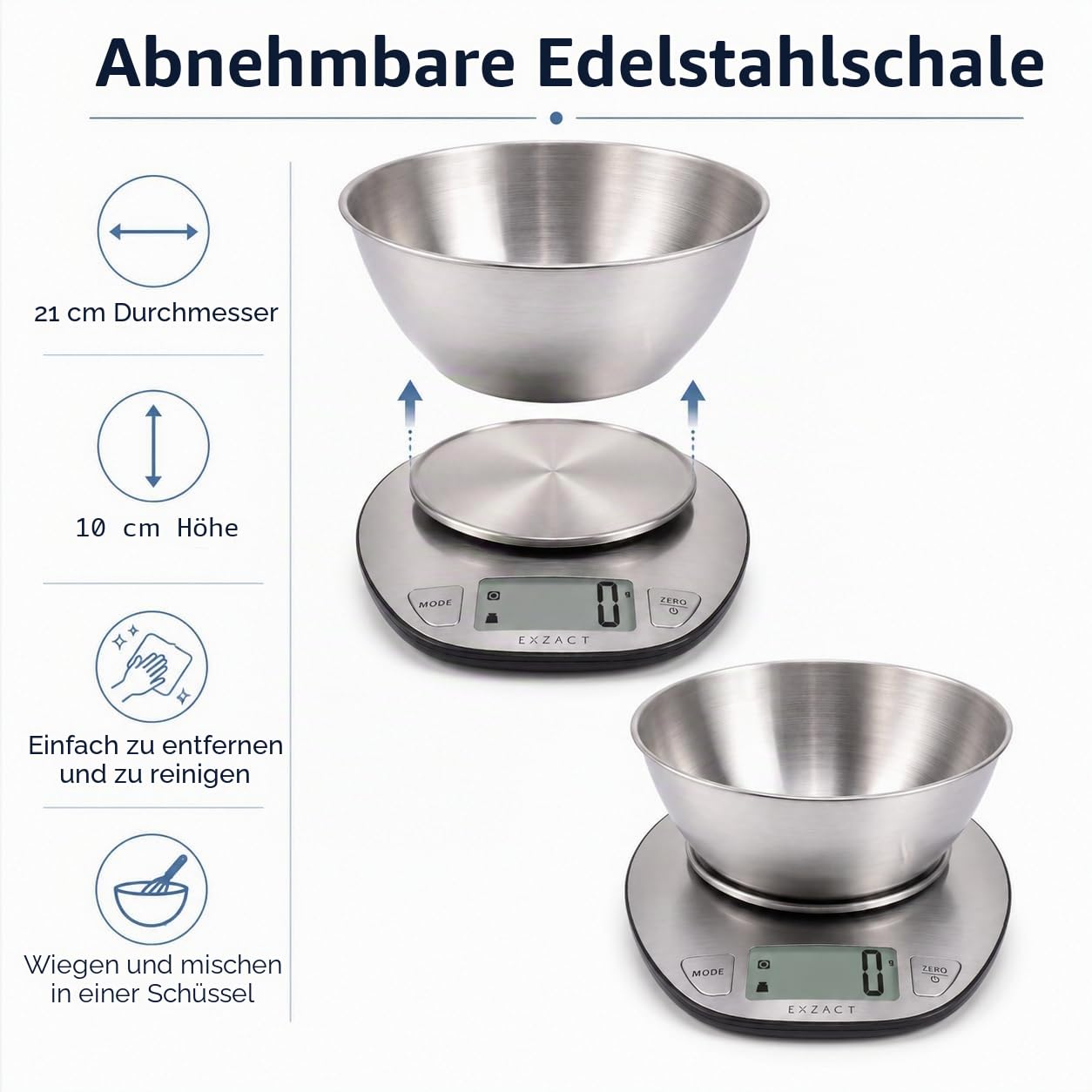 Digitale Kuechenwaage Edelstahl bis mit Schuessel, Tarafunktion, Gramm-Anzeig