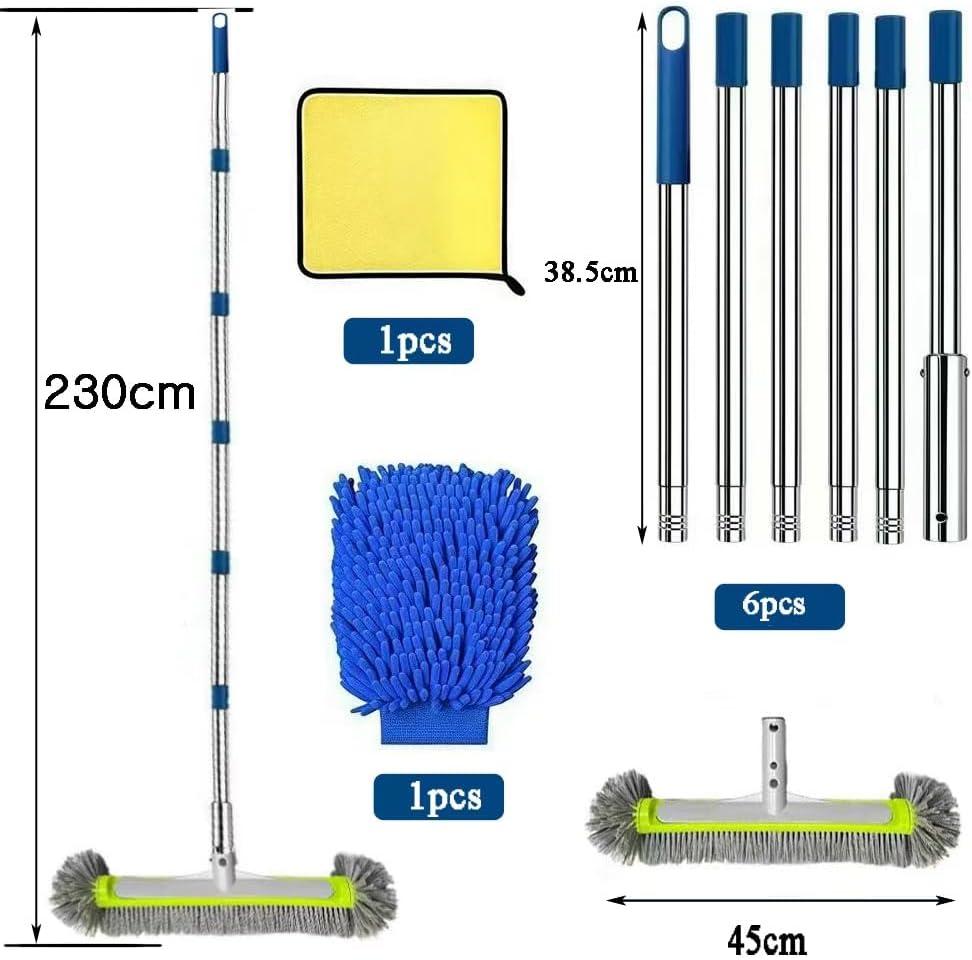 Poolbuersten Set 45 cm mit Teleskopstange 230 cm, Reinigungstuch & Waschhandschuh