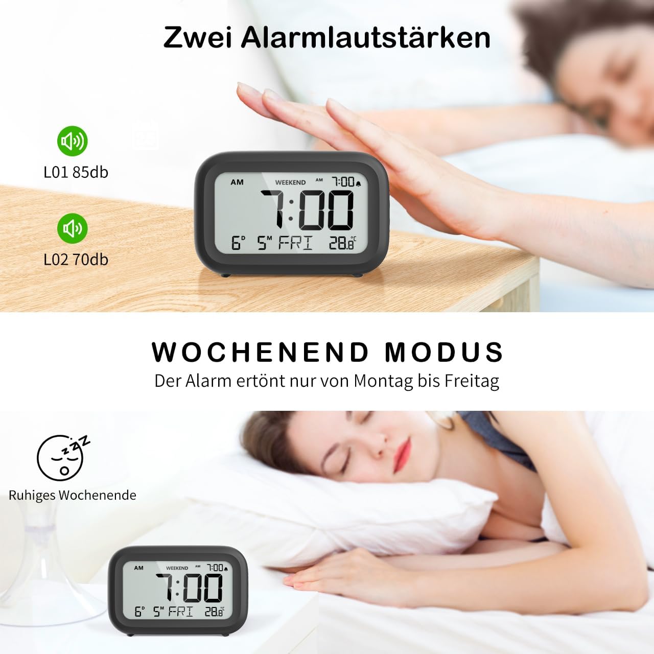 DOOMAY Digitaler Wecker LCD mit Snooze Wochenendmodus Batterie Nachttisch