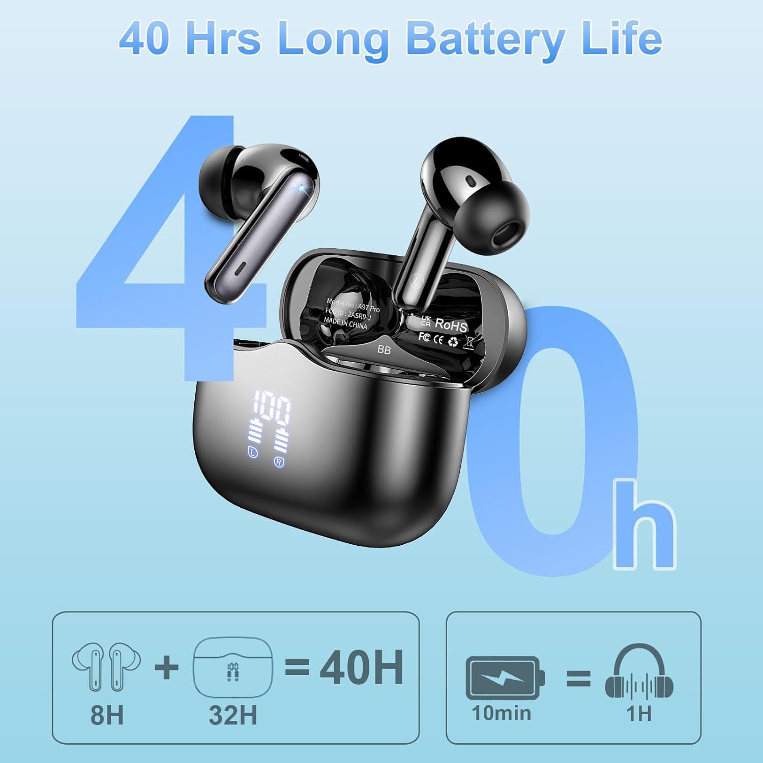 Bluetooth In-Ear Kopfhoerer 5.4 Noise Cancelling 40 Std Akku LED Anzeige