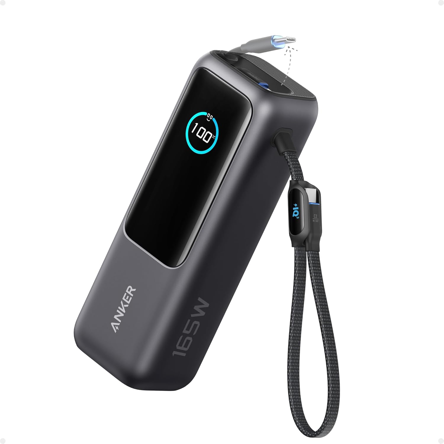 Anker 165W 25000mAh Powerbank mit 3x USB‑C, 70cm Kabel, Trageband