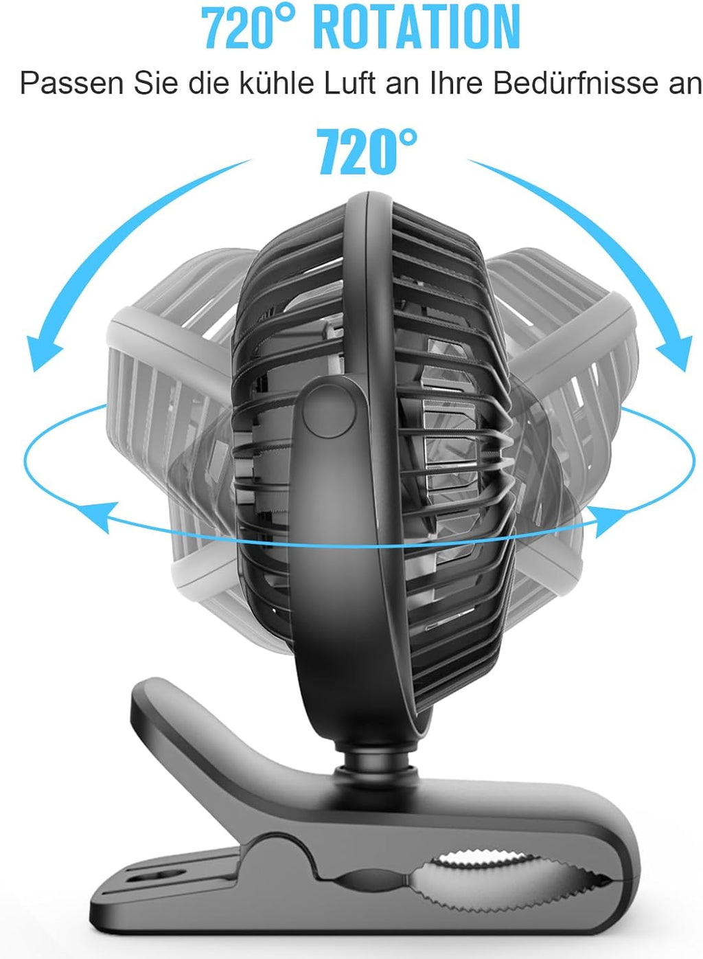 HONYIN Mini Ventilator mit Clip 720° drehbar USB 3 Stufen starke Klammer