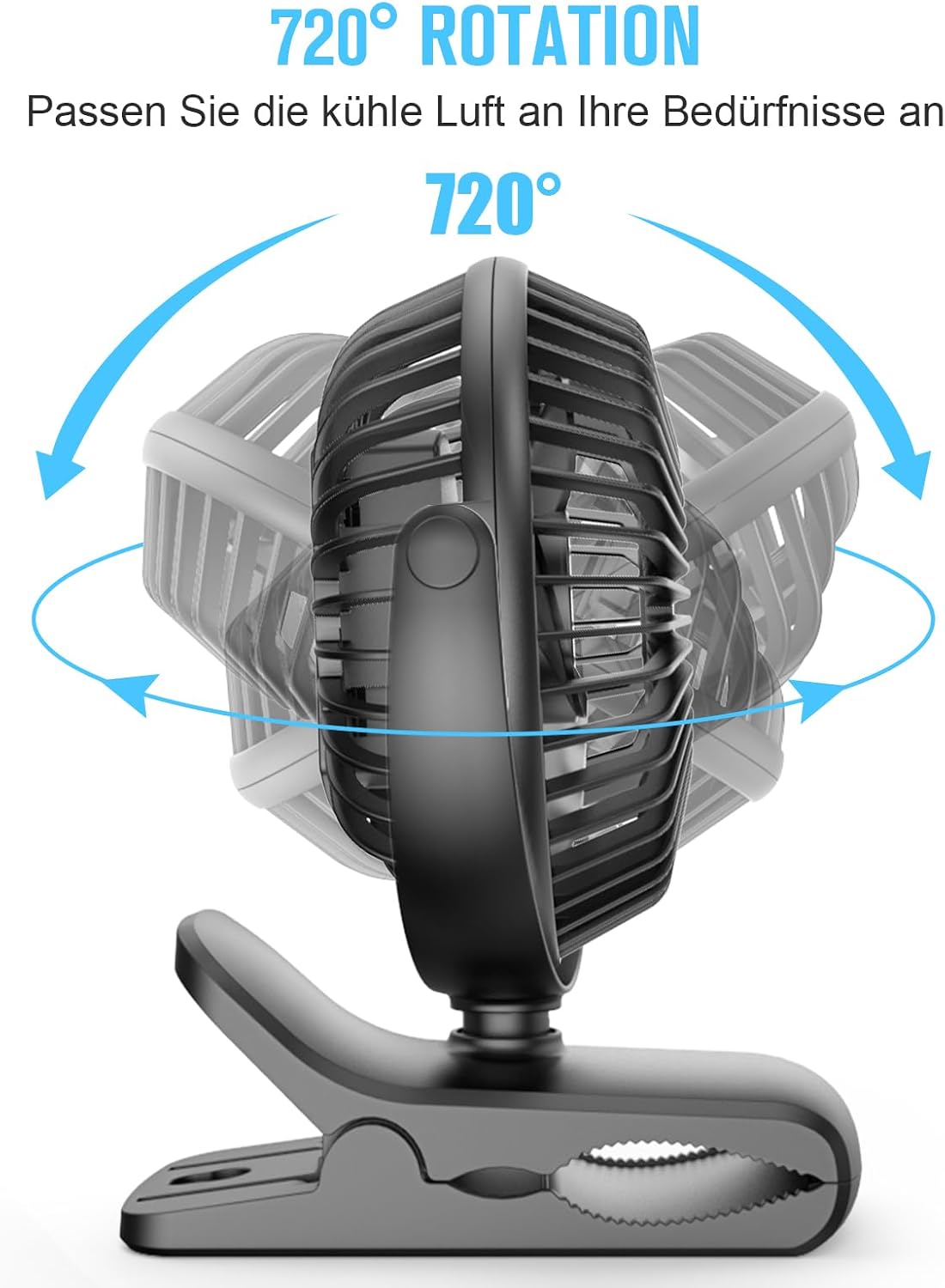 HONYIN Mini Ventilator mit Clip 720° drehbar USB 3 Stufen starke Klammer